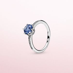 Anillo de corona azul brillante Plata de ley auténtica con caja original para joyería Pandora Mujeres Niñas Boda CZ Anillos de diamantes Regalos de compromiso