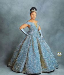 Blue Sparkly Princess Ball Robe Petite Fleur Robes Fleure Off Boulder Pleas Floor Longueur First Communon Girls Pageant Robe Custom Made S