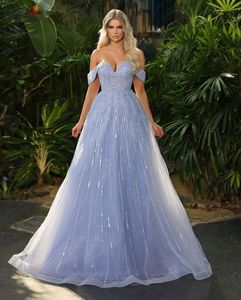 Blue Sparkly Prom-jurken Mouwloze V Nek Off Schouder 3D Lace sexy Appliques pailletten kralen vloer lengte beroemde A-lijn avondjurken plus maat op maat gemaakt