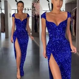 Blue Sparkly Sequins Dresses Royal Mermaid Prom Side Slit Floor Lengte Custom Made Ruched Evening Party Jurken Vestidos Formele OCN Wear