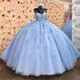 Blauwe Sparkly Sky Off-shoulder pailletten baljurk Tulle Party Sweet Dress Quinceanera Anos