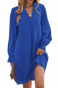 Blue Split V Neck Ruffled Sheeves Shirt Dress C5H8#
