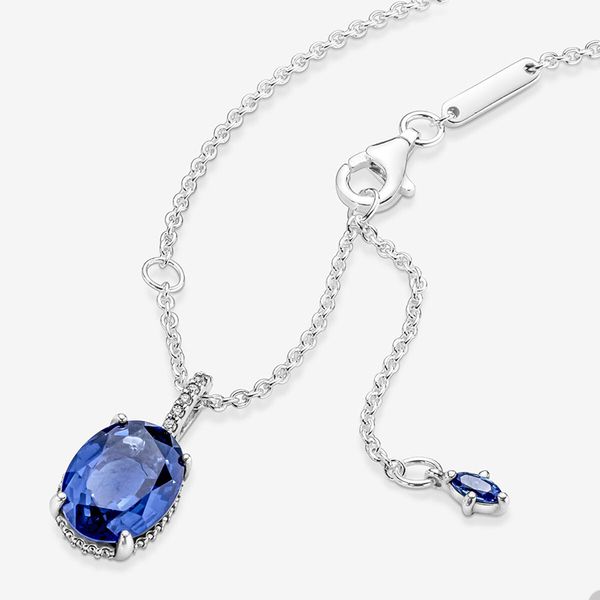 Blue Statement Halo Pendant Necklace pour Pandora 925 Sterling Silver Wedding Necklaces designer Jewelry For Women Crystal Diamond necklace avec boîte d'origine