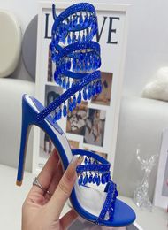 Blue Stiletto Sandals Designer de luxe René Caovilla Light Pendant Crystal Rignestone Emballé Ring Foot Shoes Top Quality 95 cm HIG8766323