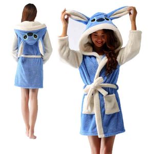 Point bleu peignoir de bain à capuche femmes peignoir dessin animé Homewear Animal chaud flanelle robe de chambre doux Robes vêtements de nuit Kigurumi298Z