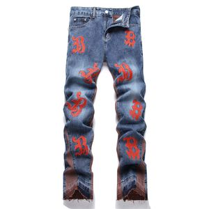 Blauw stikselde heren wijd uitlopende broek recht losse brief geborduurde jeans lente herfst mannelijke mid-taist broek