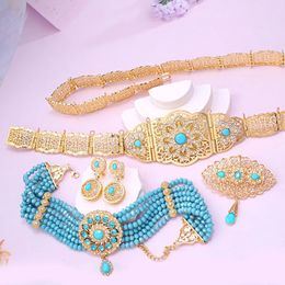 Blauwe stenen sieraden set goud vergulde Marokkaanse Turkse kaftan trouwriem ketting oorbel moslimsets Arabische Bijoux femme 240410