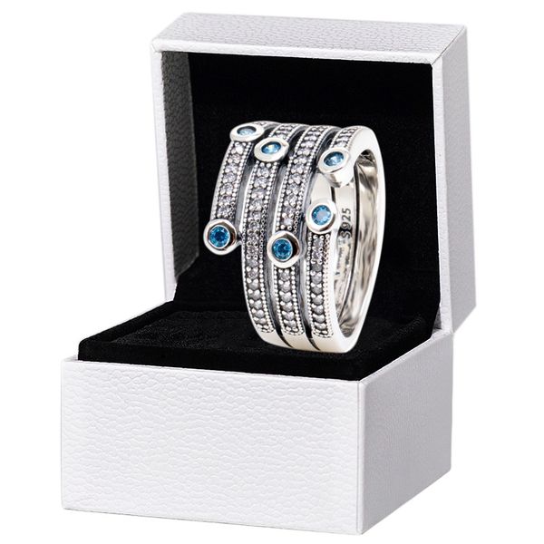 Blue Stone Marine Style Sterling Silver Ring Women Men Men Fashion Party Bijoux pour Pandora CZ Diamond Rings avec boîte d'origine