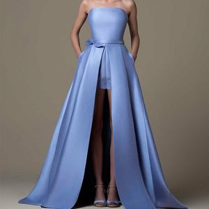 Blauwe strapless prom jurken satijnen boog sjerpen meisjes pageant jurken met wraps vloerlengte een lijn vrouwen formele kleding