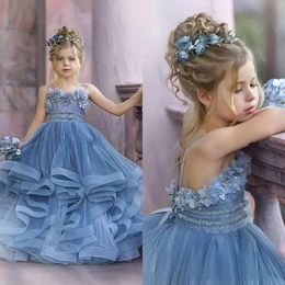 Blue Straps Tulle Spaghetti Dusty Flower Girl Dresses Lace D Floral Appliques Tiered Ruffles Girls Pageant Dress Kids Birthday Party Gowns Bc S