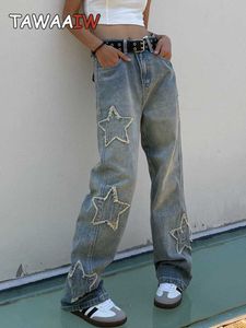 Blue Streetwear Pentagram High Taist Korean Style Hip Hop Straight Denim Boyfriend Jeans For Women pantalon