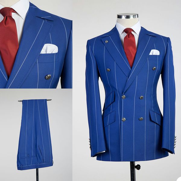 Tuxedos à rayures bleues pour hommes, revers à pointe, Blazer de mariage à Double boutonnage, costumes formels de bal de promo, manteau (veste + pantalon)