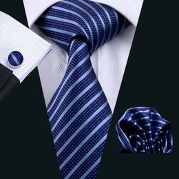 Blue Stripe Neck Tie Set Mens Silk Tie Hanky Cufflinks Jacquard Woven Formal Work Meeting Leisure N-0337