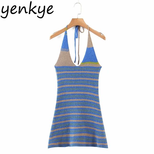 Bleu rayé tricot licou Robe femmes Sexy dos nu moulante Mini Robe dames vacances été soirée courte Vestido 210514