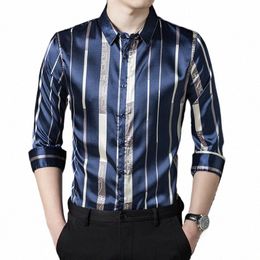 Camisas de manga LG de satén de gran tamaño a rayas azules para hombre Busin Oficina de trabajo de seda suave Dres Tallas grandes Marido Fi J3ro #