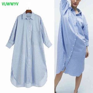 Robe chemise surdimensionnée à rayures bleues Femmes Summer Casual Bouton Up Midi Femme Manches longues Asymétrique Hem Robes 210430