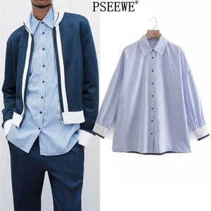 Blauw gestreepte vrouwen shirt lente mode contrast geribbelde oversized knop omhoog vrouw casual lange mouwen top 210519