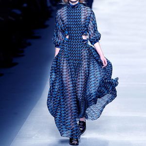Blue Stripes Women Fashion Runway jurken lange mouwen hoge mouwen hoge nek hol uit taille een lijn vloerlengte charmante feestjurk 210303