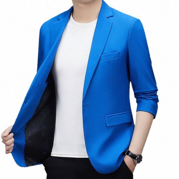 Veste de costume bleu pour hommes, manteau Slim, noir, kaki, gris, rouge, blazer, simple boutonnage, col en V, M-4XL, 5XL, L5eh #