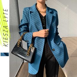 Blauwe pak jas vrouw effen lange mouw casual lente herfst Koreaanse stijl Britse ingeklede blazer jassen feminino 210608
