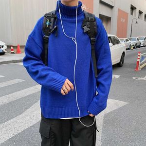 Blauwe truien mannen herfst winter kleding effen kleur mannen streetwear gebreide truien turtleneck truien mode clohting mannen y0907