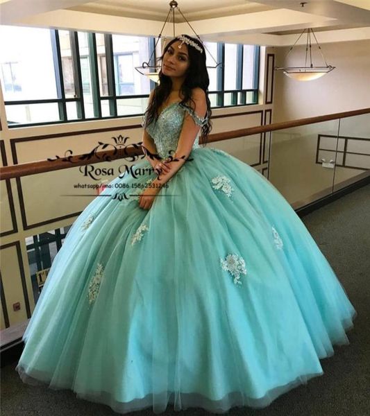 Bleu doux 16 Quinceanera robes 2020 robe de bal hors épaule Vintage dentelle grande taille pas cher débutante robes 15 Anos robes de bal6471476