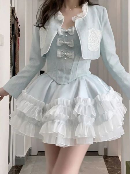 Azul dulce kawaii conjunto de dos piezas mujeres verano sexy elegante fiesta mini vestido trajes femenino lolita lindo vestido abrigo de manga larga 240315