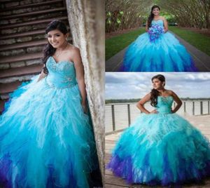 Robes de quinceanera de couleur arc-en-ciel bleu de couleur arc-en-ciel 2019 jupe à volants en tulle en cristal ombre 15 robe de bal gonflée longue pr2539418