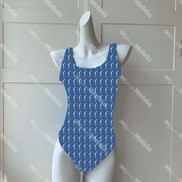 Costume da bagno blu Costume intero da spiaggia firmato lettera per donna Costumi da bagno di marca senza schienale Costume da bagno femminile