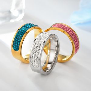 Blauwe drie rijen kristallen ringen fijnere roestvrijstalen diamantringband voor vrouw man fijne mode sieraden cadeau