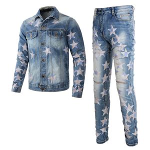 Ontwerp met contrasterende kleuren Trainingspakken Gescheurde gaten Jeanssets voor heren Lente Herfst Sterpatch Denim jack met lange mouwen Bijpassende skinny stretchbroek