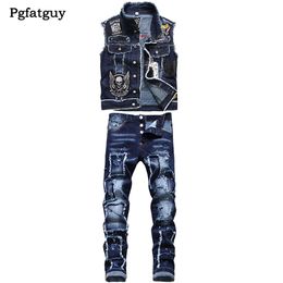 Bleu Survêtements Hommes 2 Pièces Ensembles 2021 Nouveau Slim Casual Broderie Crâne Denim Gilet Ragged Paint Patch Stretch Jeans Conjuntos De268D