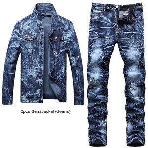 Casual losse heren 2 stks broek sets onregelmatige stropdy kleurstof lange mouw denim jas en gescheurde jeans lente herfst maat m-5xl mannelijke kleding