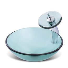 Bleu Transparent Crystal Glass Salle de salle de bain lavabos de salle de bain lavage de salle de bain 42 cm bassin rond pour lavage à la main Piscine avec robinet en cascade