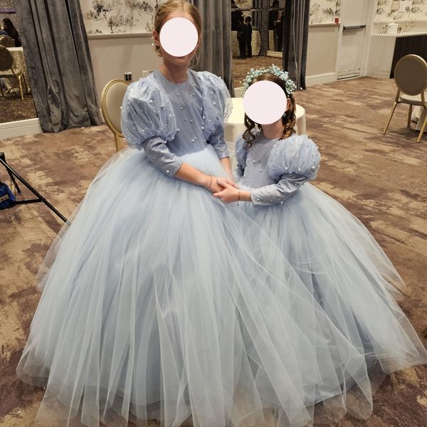 Abito da ragazza di fiore in tulle blu per abito da ballo con perle da sposa Abbigliamento formale per bambini con maniche a 3/4 Abito da prima comunione in tulle gonfio a strati