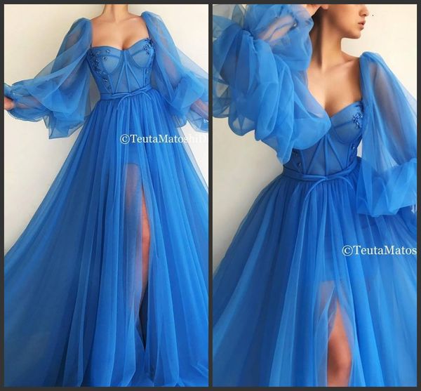 Tulle bleu à manches longues musulman avant fendu robes de soirée africaines tenues de soirée zuhair murad robes de soirée 2019 robes de bal sexy fête