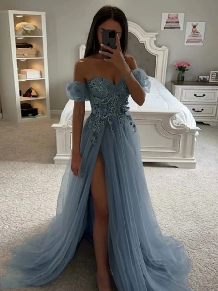 Robe de bal en Tulle bleu, épaules dénudées, Sexy, ligne a, avec des Appliques de fleurs, fente latérale, longueur au sol, robe de soirée