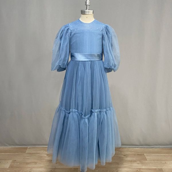 Vestido de niña de flores con mangas cortas de tul azul, volantes plisados hasta el suelo, fajas, vestido de concierto para jóvenes hecho a mano personalizado