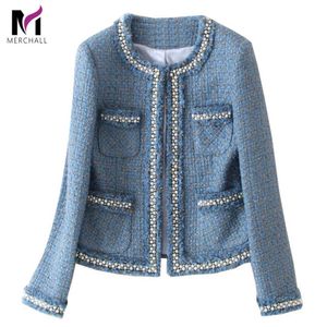 Veste en Tweed bleu manteau automne femmes perles à manches longues en laine frangée garniture glands perle poche veste de piste T200831