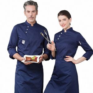 Veste d'uniforme bleu Lg manches restaurant uniforme femmes et hommes cuisine restauration manteau de cuisinier noir vêtements de chef à double boutonnage o2tI #