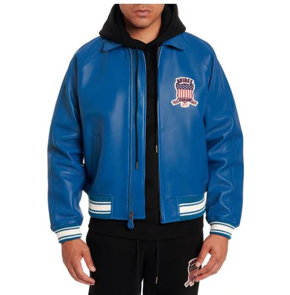 Chaquetas bomber para hombre de talla azul real de EE. UU., traje de vuelo atlético informal de cuero de piel de oveja con solapa AVIREX