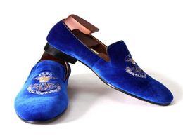 Blue Velvet Mandons à talon plat Slip on Muid Robe Chaussures broderie Fashion Oxfords2375012
