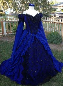 Blauwe vintage Victoriaanse koninklijke galajurken met zwarte kantapplicaties Off-shoulder maskeradejurk met lange mouwen voor dames Prinses bal Speciale Ocn-jurk