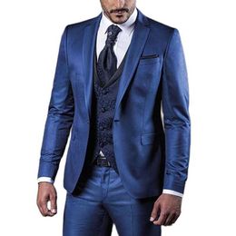 Blue Wedding Men Suits Slim Fit met Floral Pattern Vest 3 Stuk Formele Bruidegom Tuxedos Diner Italiaans Modejas Broek X0909