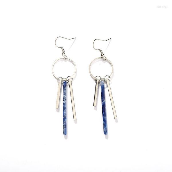 Bleu Blanc Couleur Blocage Petit Bâton Glands Métallique Cercle Dangle Boucles D'oreilles Argent Goutte Pour Les Femmes Lustre