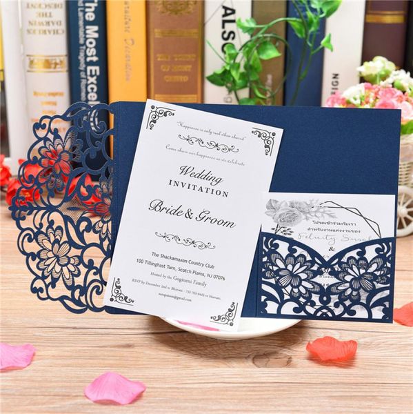 Cartes d'invitation de mariage laser Blue White Elegant Coup Card Card de vœux Personnaliser Business avec RSVP CARTES DÉCOR DÉCOR