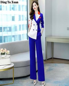 Blue White Patchwork Business Suits Ladies 2 Two -Piece Set Pants en Blazer Suite for Women Elegant Office Woman Pants Suits9843923