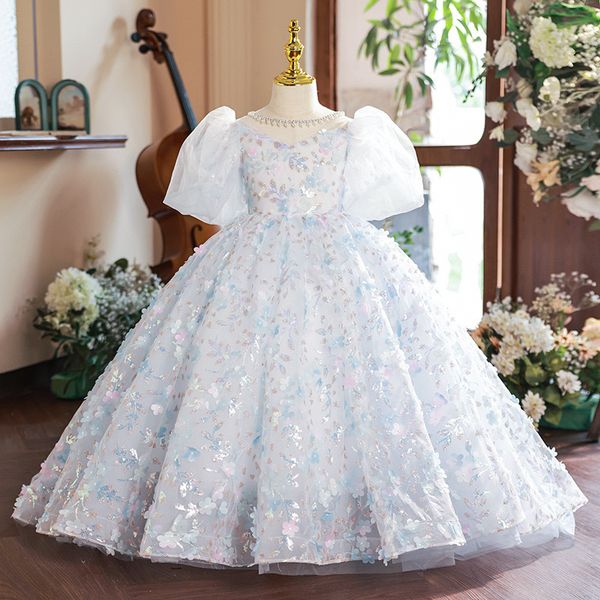 Blue White Princess Flower Girls Robes Luxury Ball Ball Perles Perls Lace 3d Floral Special Occasion pour les mariages Boube Robe Kids Pageant Robes de communion