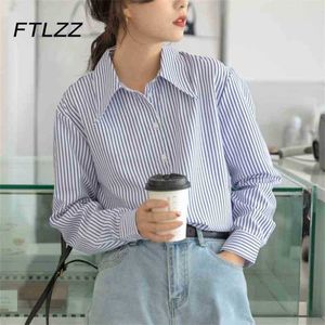 Blauw Wit Streep Blouse Vrouwen Mode Lange Mouw Button Up Casual Shirts Dames Vintage Tops Koreaanse Blouses Lente Herfst 210525