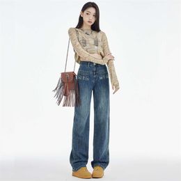 Jeans de pierna ancha azules para mujeres en la primavera 2024 Nuevo diseño con bordado flojo flojo pantalones de pierna recta
